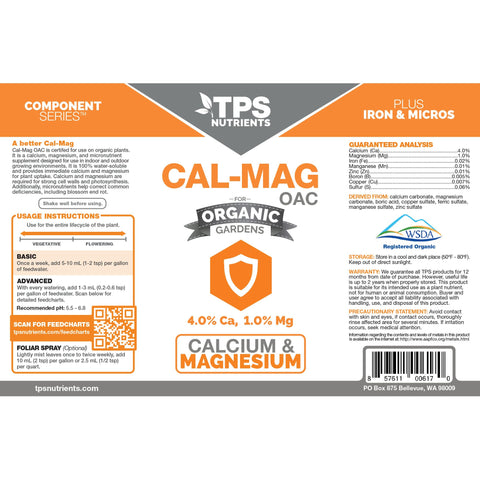 TPS NUTRIENTS Organic Cal-Mag OAC label closeup showing minerals for healthy growth.
