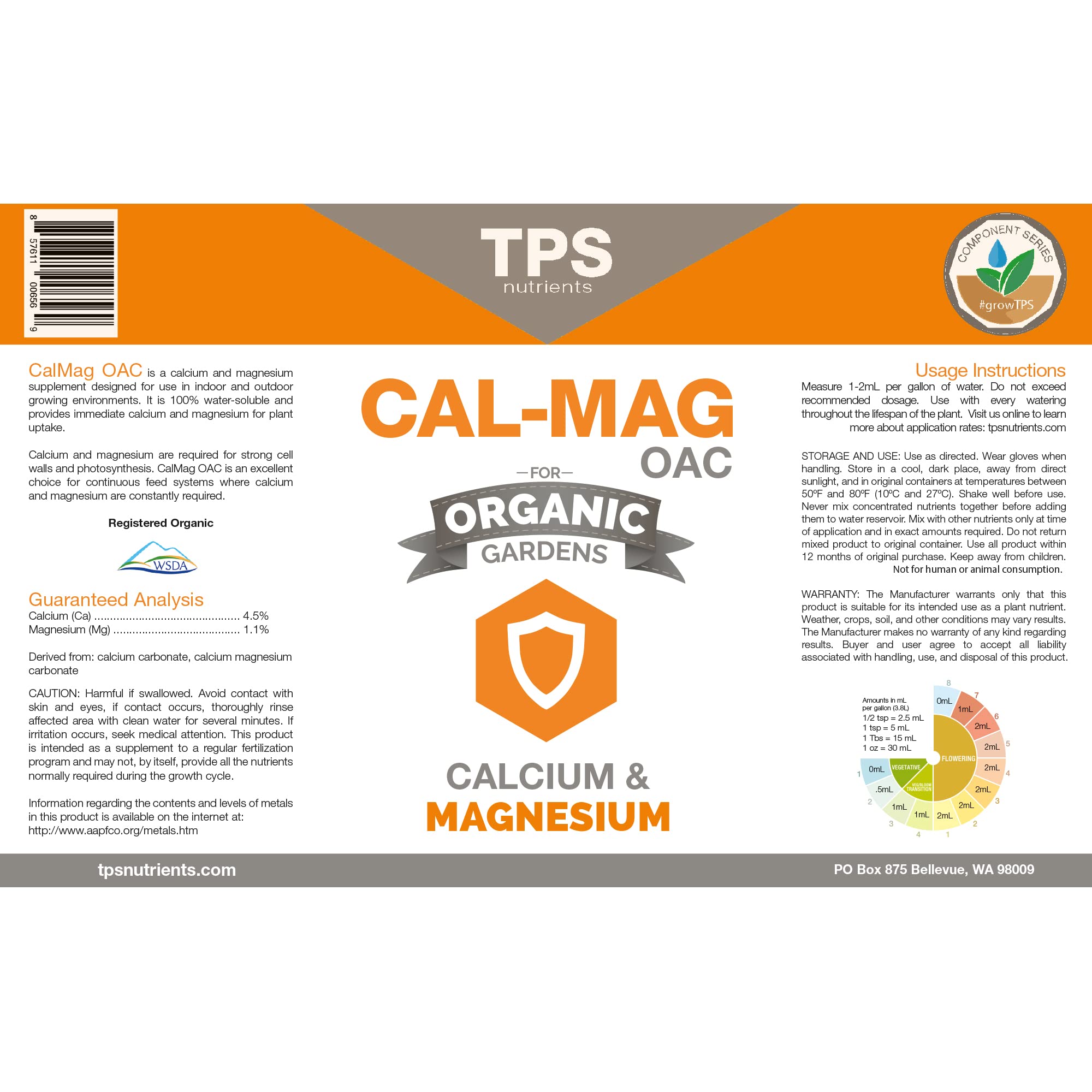TPS NUTRIENTS Cal-Mag OAC bottle being poured to support nutrient uptake