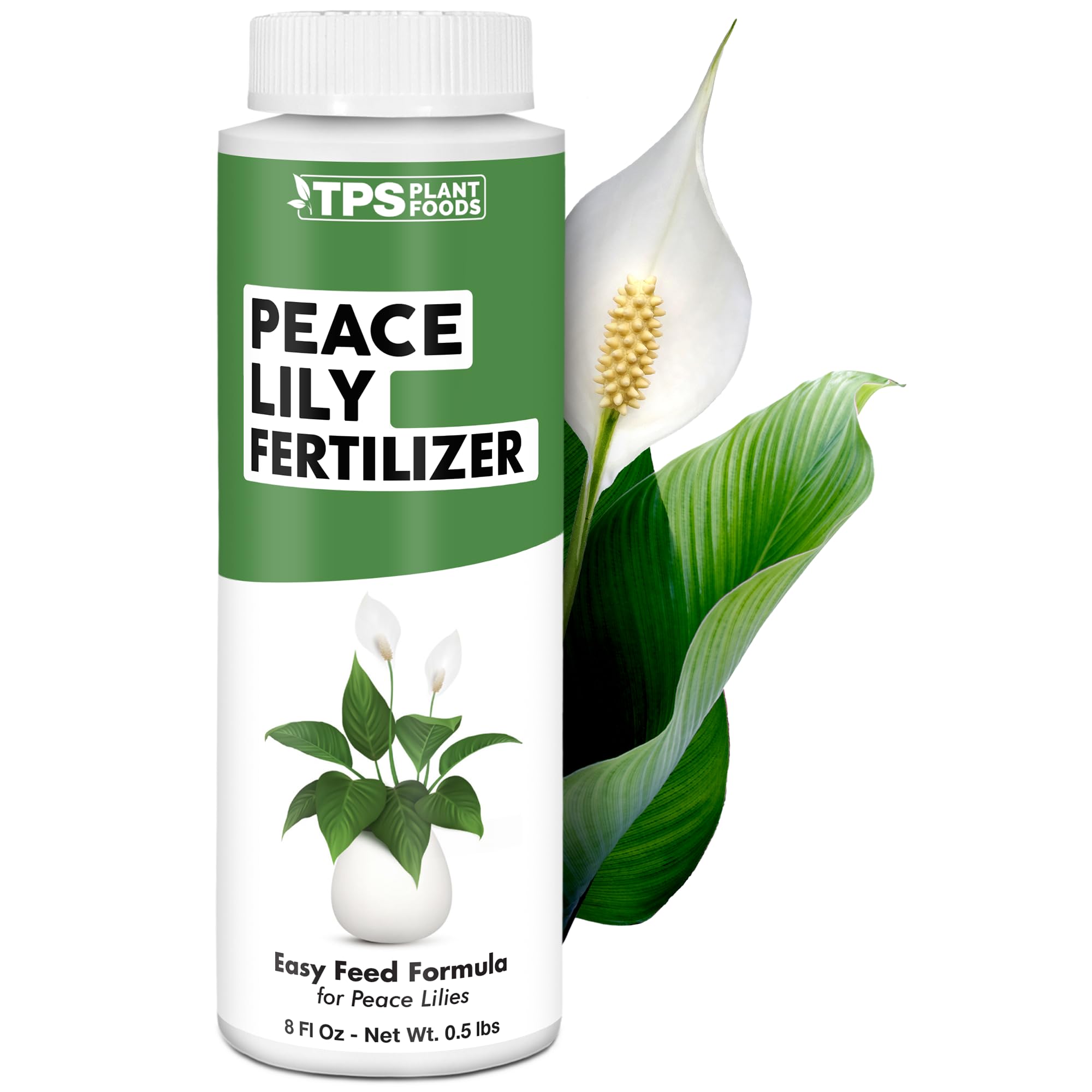TPS Nutrients Peace Lily bottle pour demonstrates gentle feeding for indoor plants.