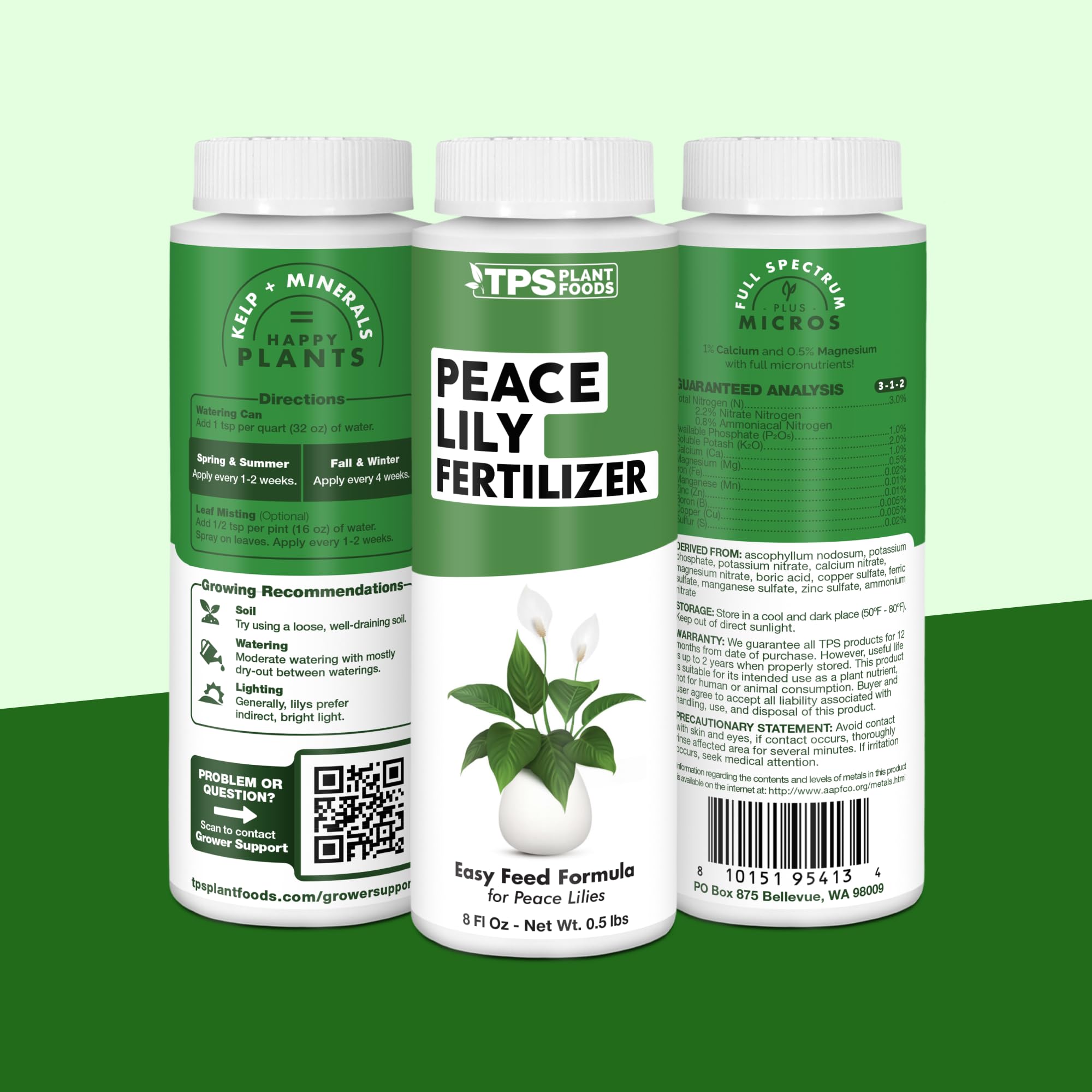 Boxed packaging of TPS Nutrients Peace Lily fertilizer emphasizes USA-made quality.