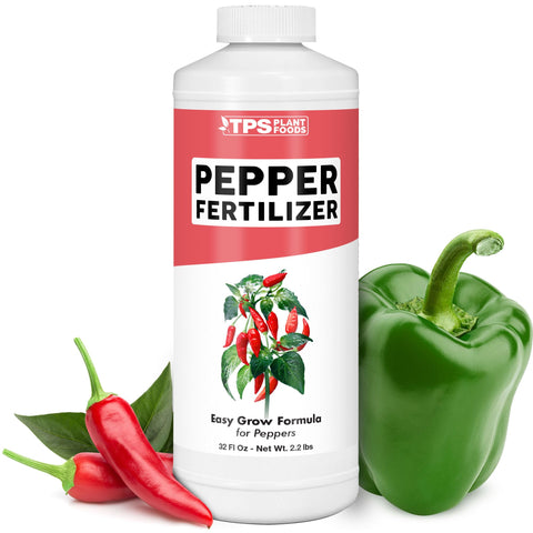TPS Nutrients Pepper Fertilizer bottle shows easy liquid feed for thriving pepper plants.