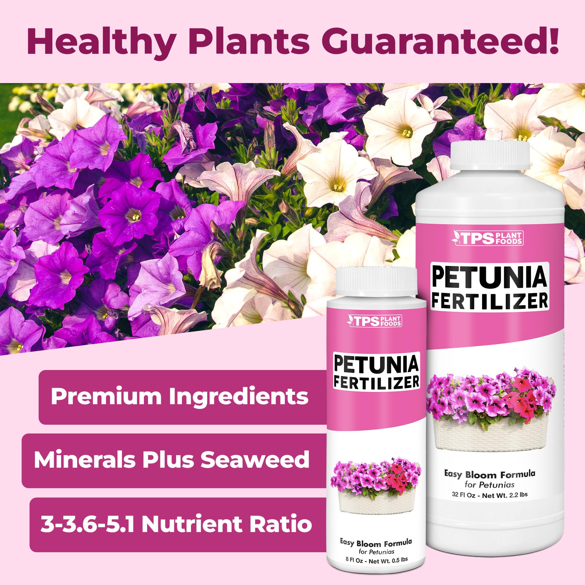 TPS NUTRIENTS Petunia Fertilizer label closeup highlights balanced nutrition for flowering plants.