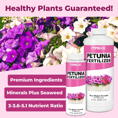 TPS NUTRIENTS Petunia Fertilizer label closeup highlights balanced nutrition for flowering plants.