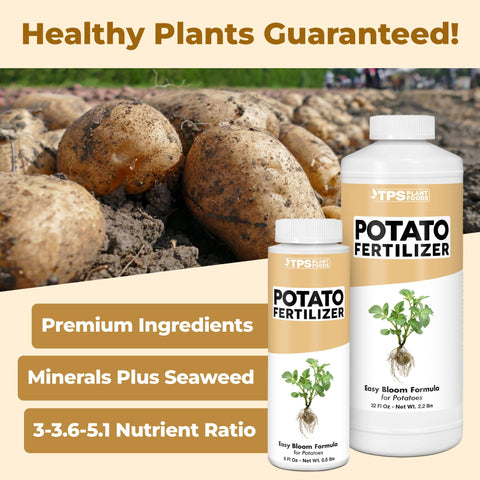 TPS NUTRIENTS Potato Fertilizer dilution shows simple mixing for garden application.
