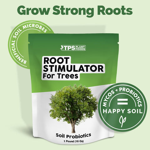 TPS NUTRIENTS Root Stimulator label close-up showing transplant support benefits for trees.