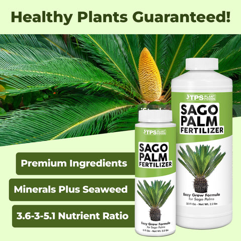 TPS NUTRIENTS Sago Palm Fertilizer bottle label closeup highlights balanced nutrition.