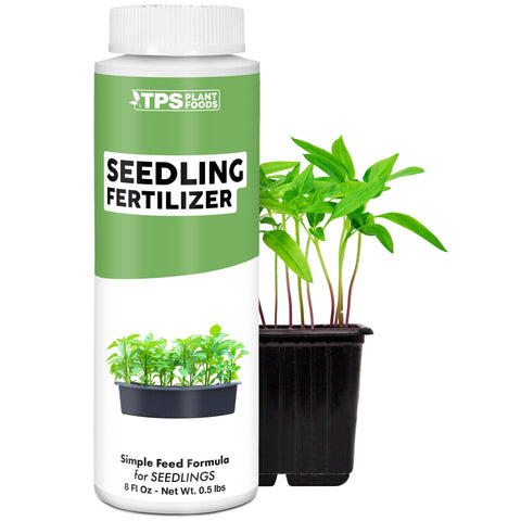 TPS NUTRIENTS Seedling Fertilizer bottle provides gentle nutrition for early root growth.