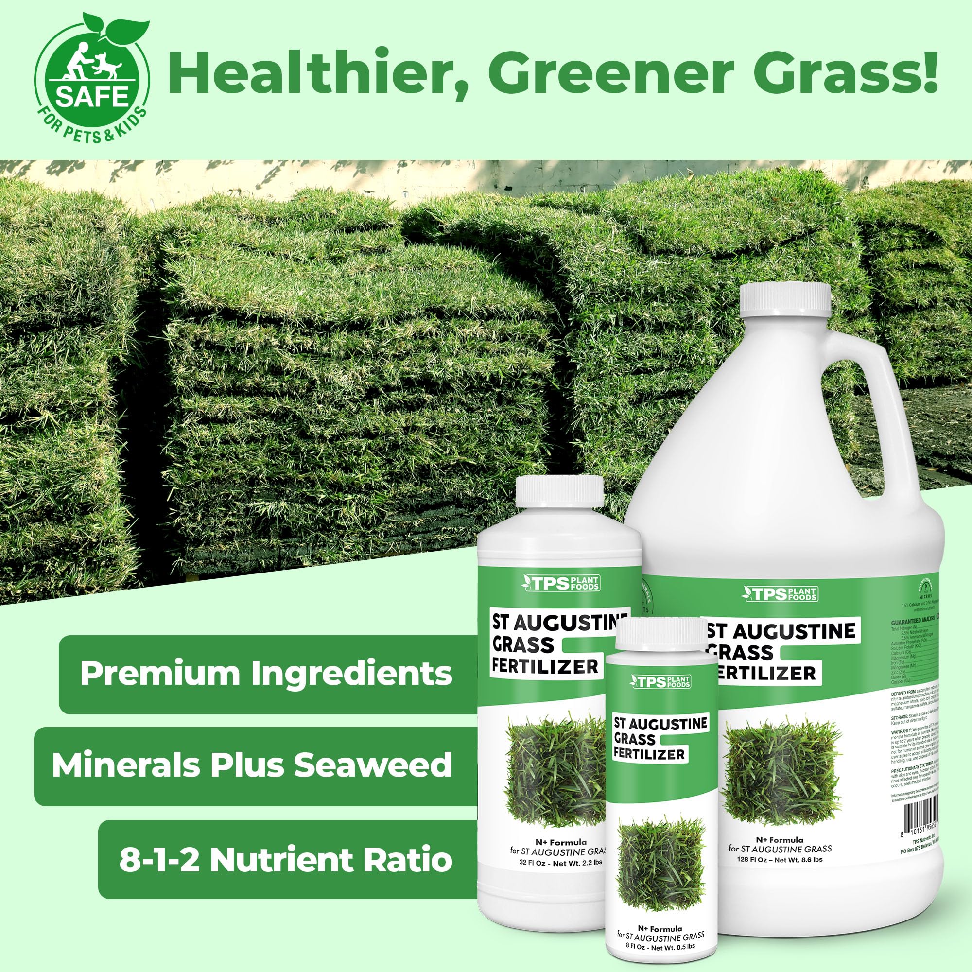 TPS NUTRIENTS St Augustine fertilizer label close-up highlighting balanced nutrients for warm-season lawns.