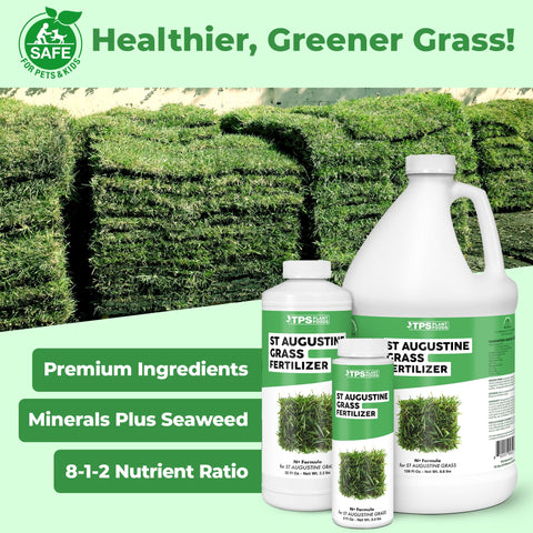 TPS NUTRIENTS St Augustine fertilizer label close-up highlighting balanced nutrients for warm-season lawns.
