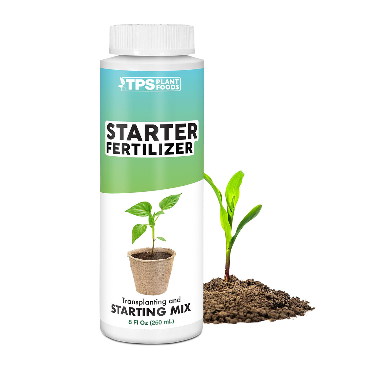 TPS NUTRIENTS Starter Plant Fertilizer bottle pour supports precise feeding for thriving seedlings.