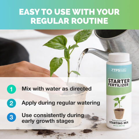 TPS NUTRIENTS Starter Plant Fertilizer seaweed-ingredient enhances nutrient availability for seedlings.