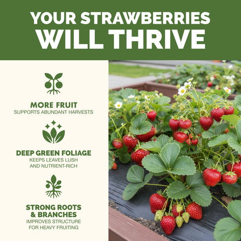 TPS Nutrients Strawberry Fertilizer with blossoms and berries supporting fruit production