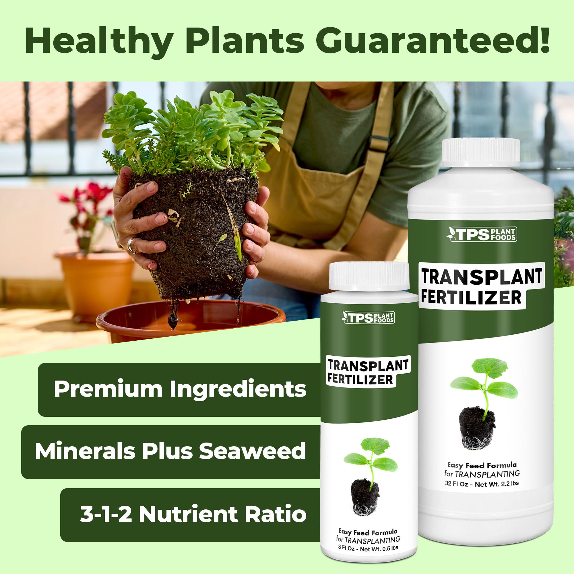 TPS NUTRIENTS Transplant Fertilizer label closeup shows balanced nutrients for transplants