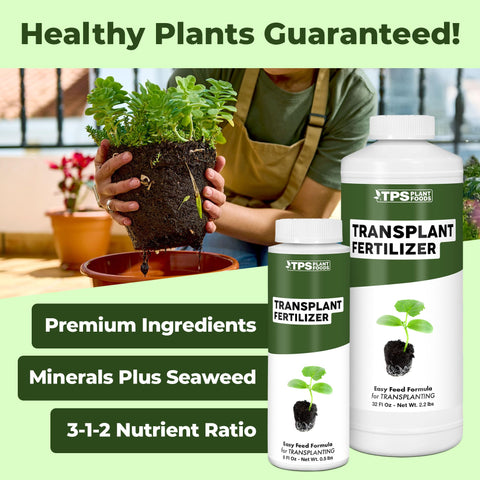 TPS NUTRIENTS Transplant Fertilizer label closeup shows balanced nutrients for transplants