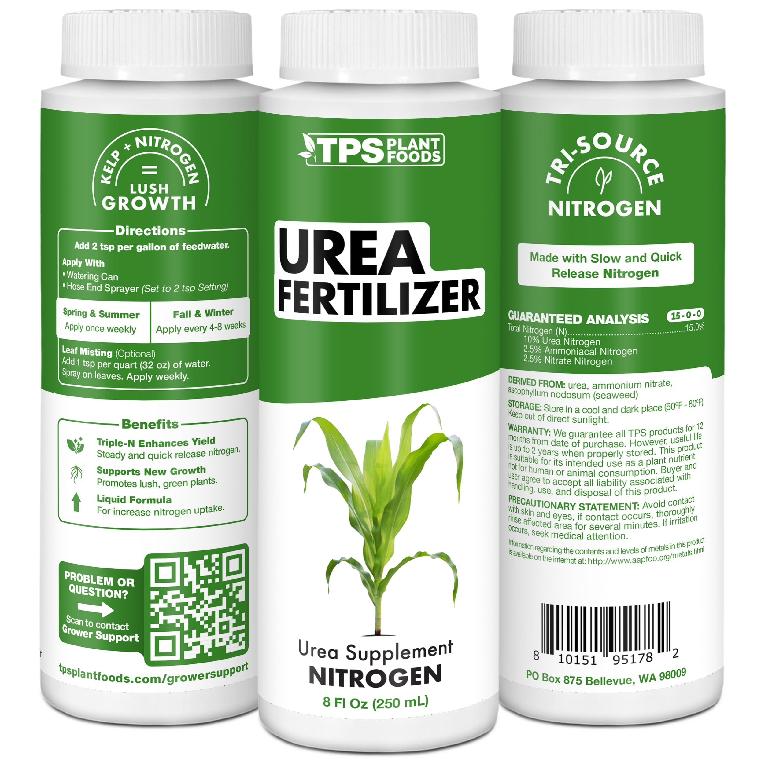 TPS Nutrients Urea fertilizer bag in a garden promoting lush green growth