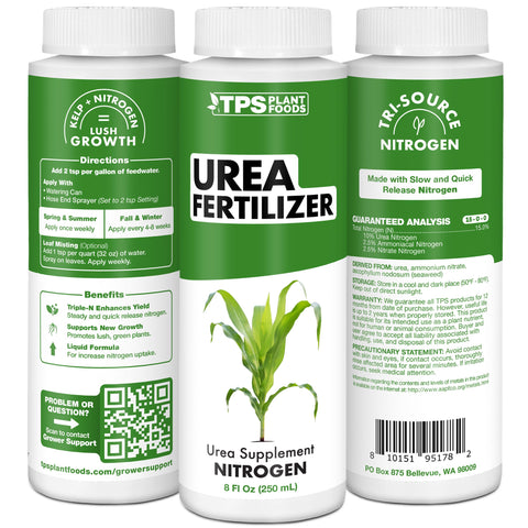 TPS Nutrients Urea fertilizer bag in a garden promoting lush green growth