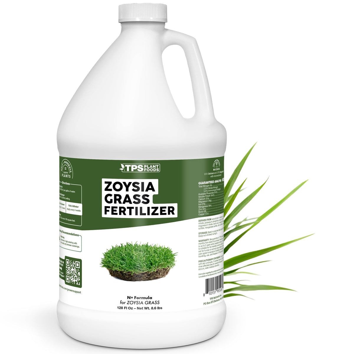 TPS NUTRIENTS Zoysia fertilizer bottle demonstrates even coverage for lush growth.
