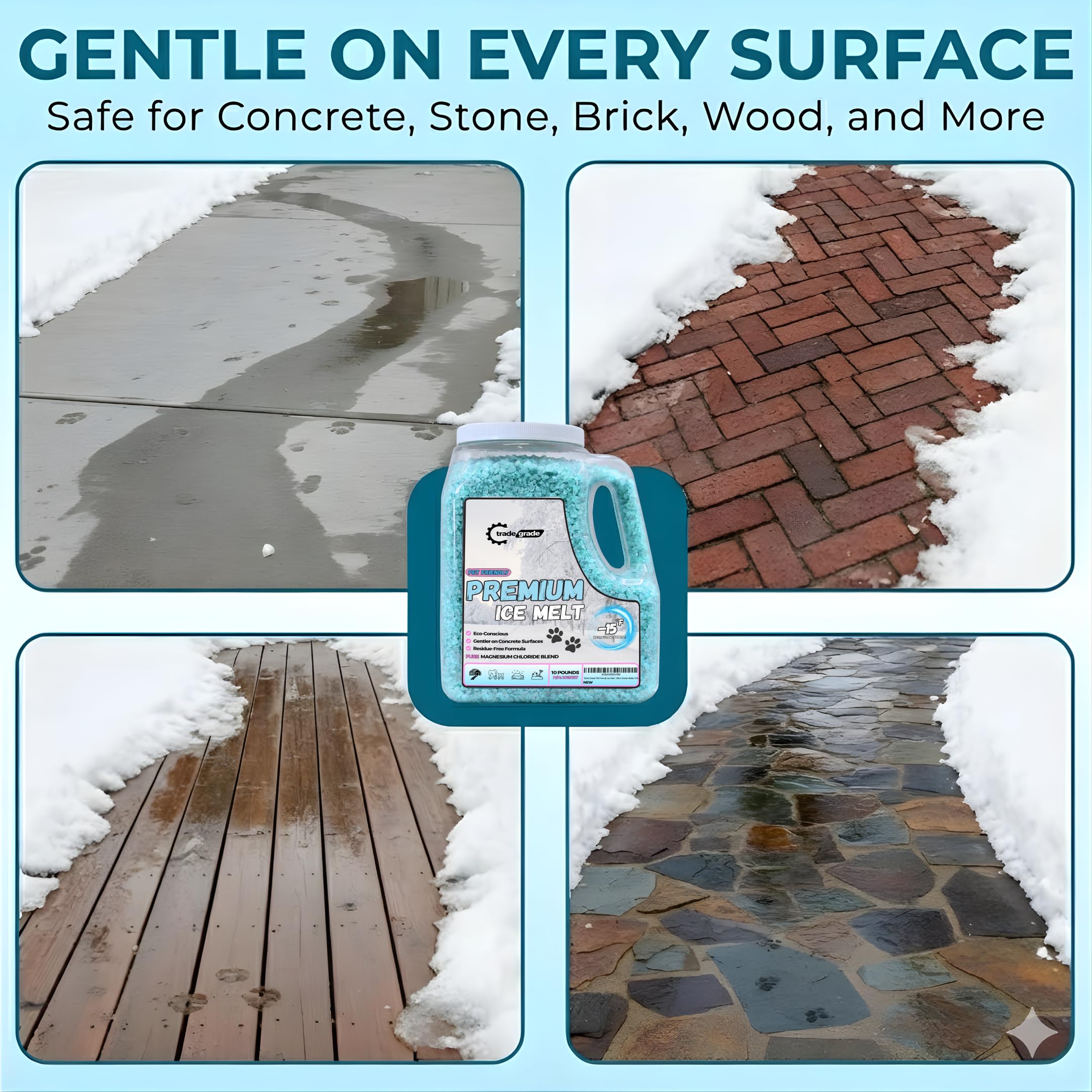 Trade Grade Ice Melt bottle demonstrates fast-acting formula for instant ice control.