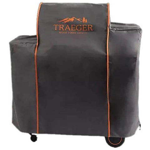 Traeger BAC359 full-length grill cover front view protects Timberline 850 from weather and debris