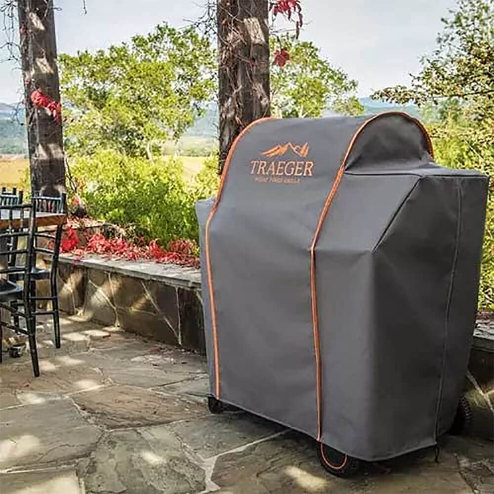 Traeger BAC359 water-resistant material close-up shows dry grill in rain
