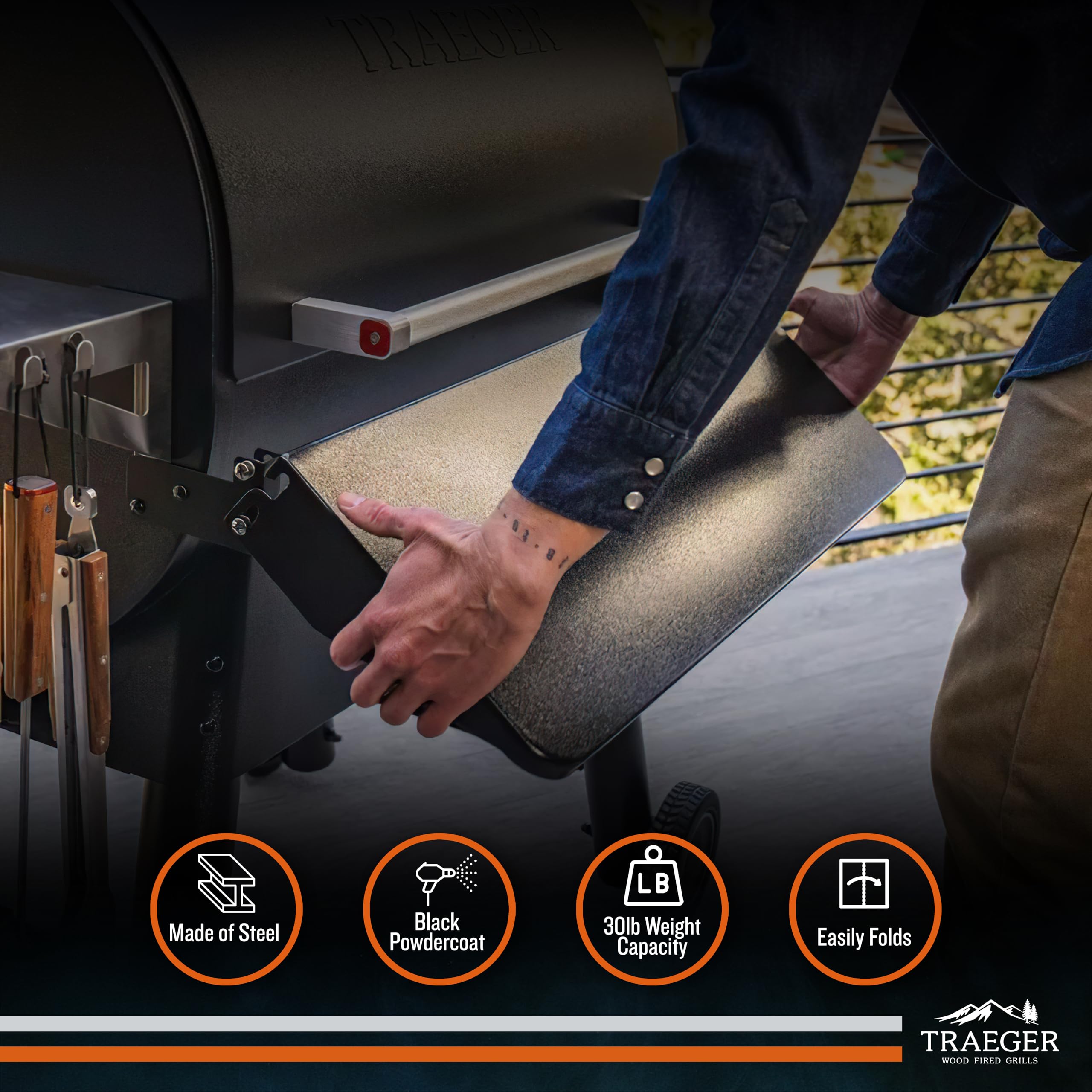 Traeger BAC362 folding front shelf installation highlights quick setup and secure fit.