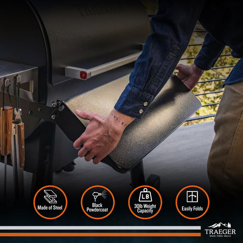 Traeger BAC362 folding front shelf installation highlights quick setup and secure fit.