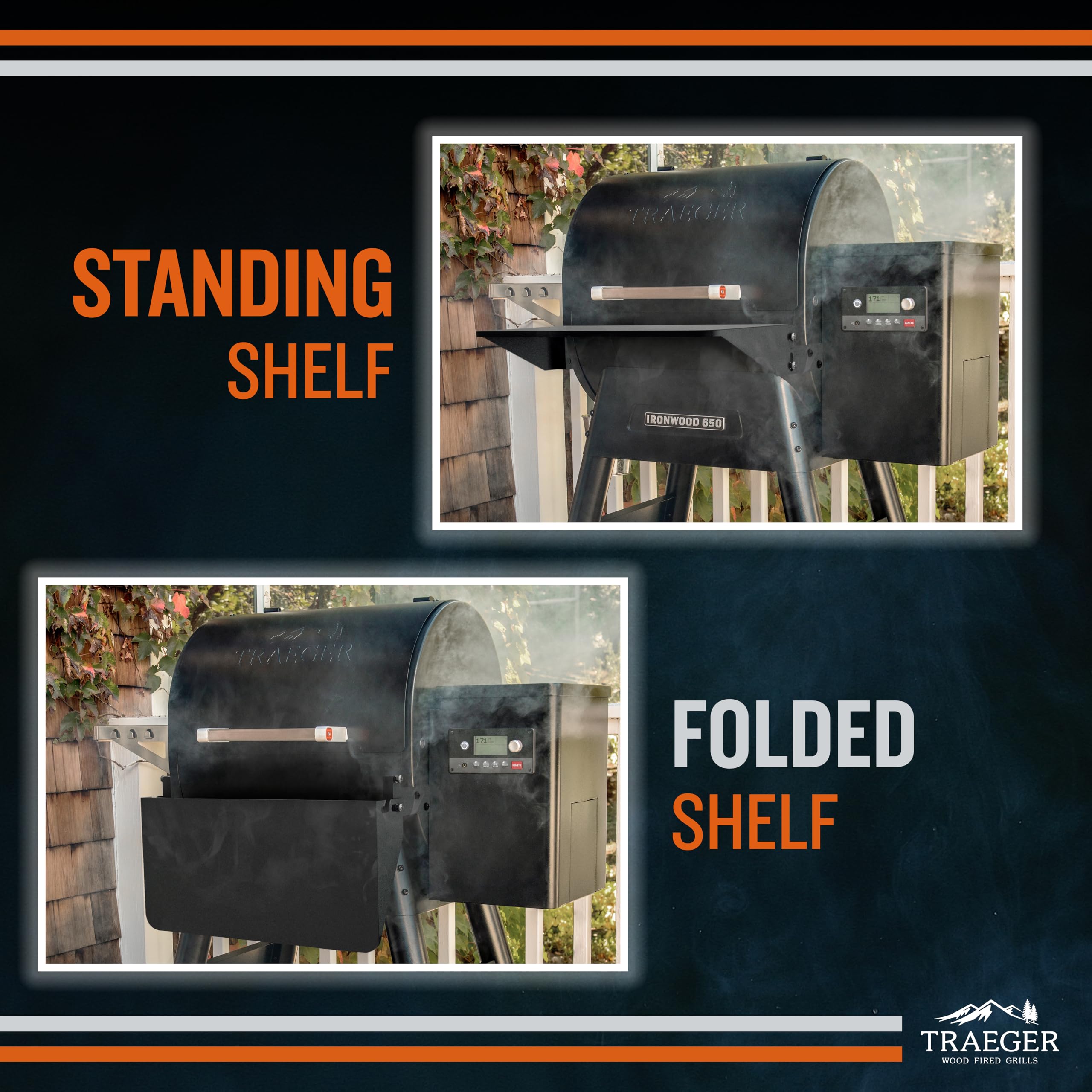 Traeger BAC362 front shelf with grill cover space supports organization during grilling.