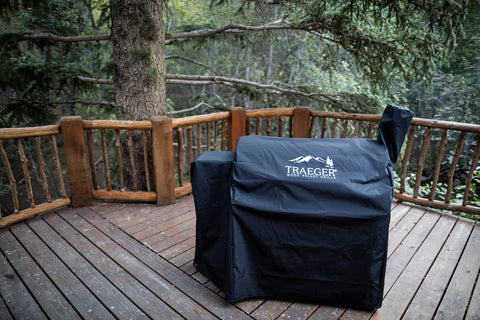 Traeger Pro 34 full-length cover, back view, all-weather protection for outdoor cooking