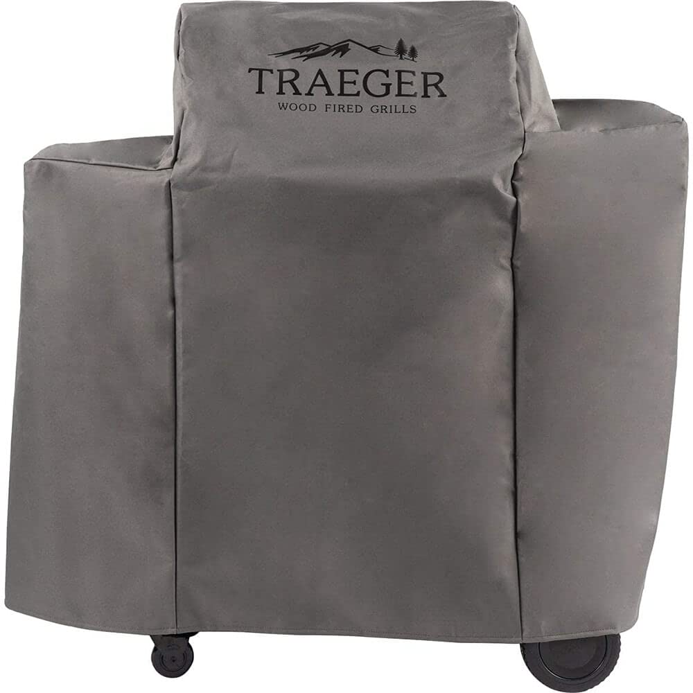 Traeger BAC505 full-length grill cover on Ironwood 650 protecting against rain and sun.