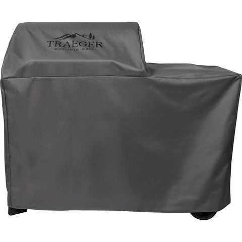 Traeger BAC761 all-weather cover on Woodridge grill front view protects against rain and sun