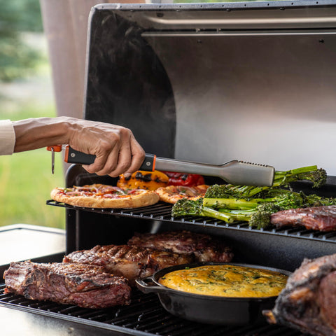 Traeger BAC790 serrated grip tongs for reliable burger and veggie flipping.