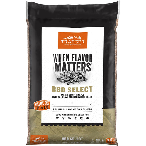Traeger BBQ Select 30lb pellet bag for versatile grilling and smoking