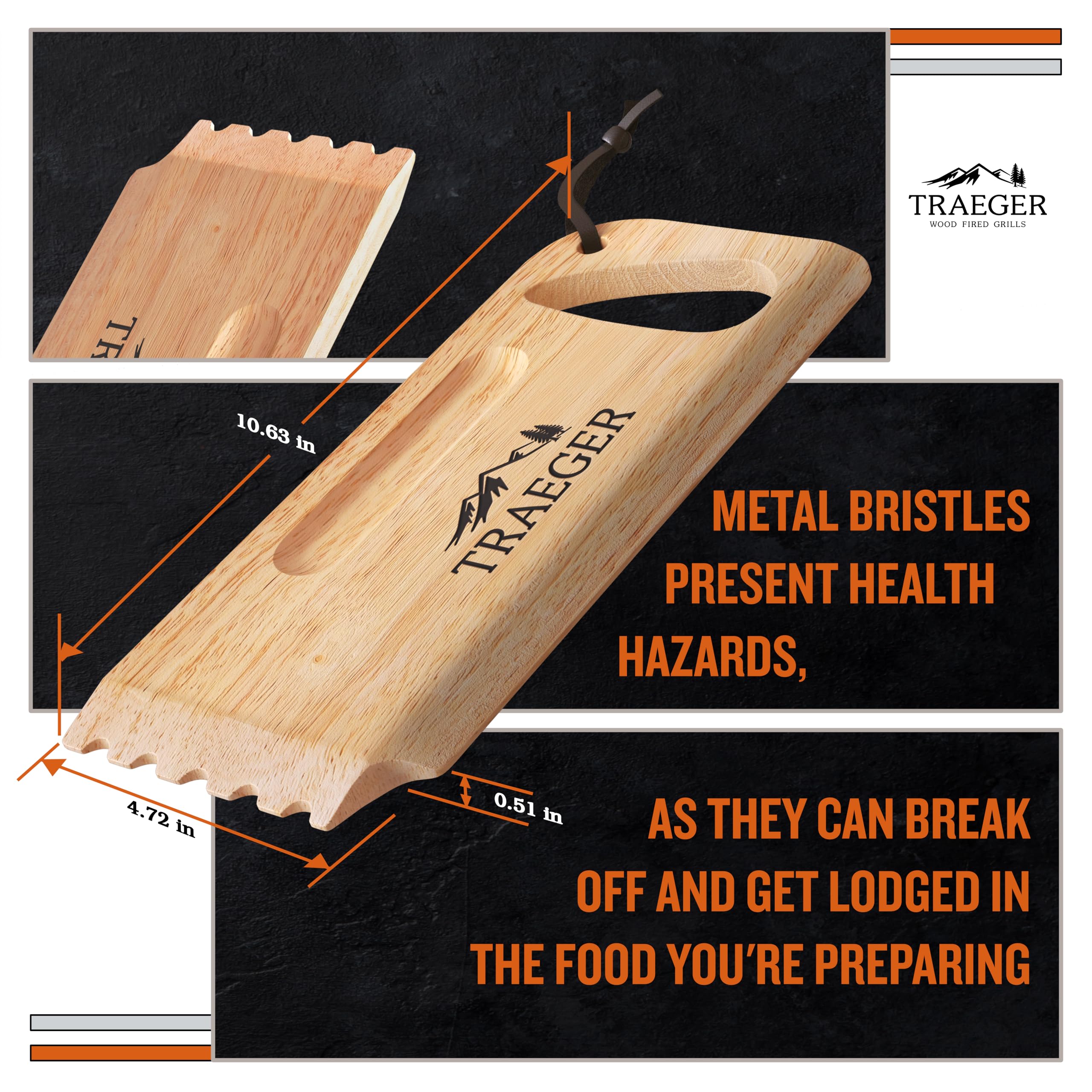 Close-up of the bristle-free Traeger scraper for grate cleaning.