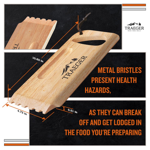 Close-up of the bristle-free Traeger scraper for grate cleaning.