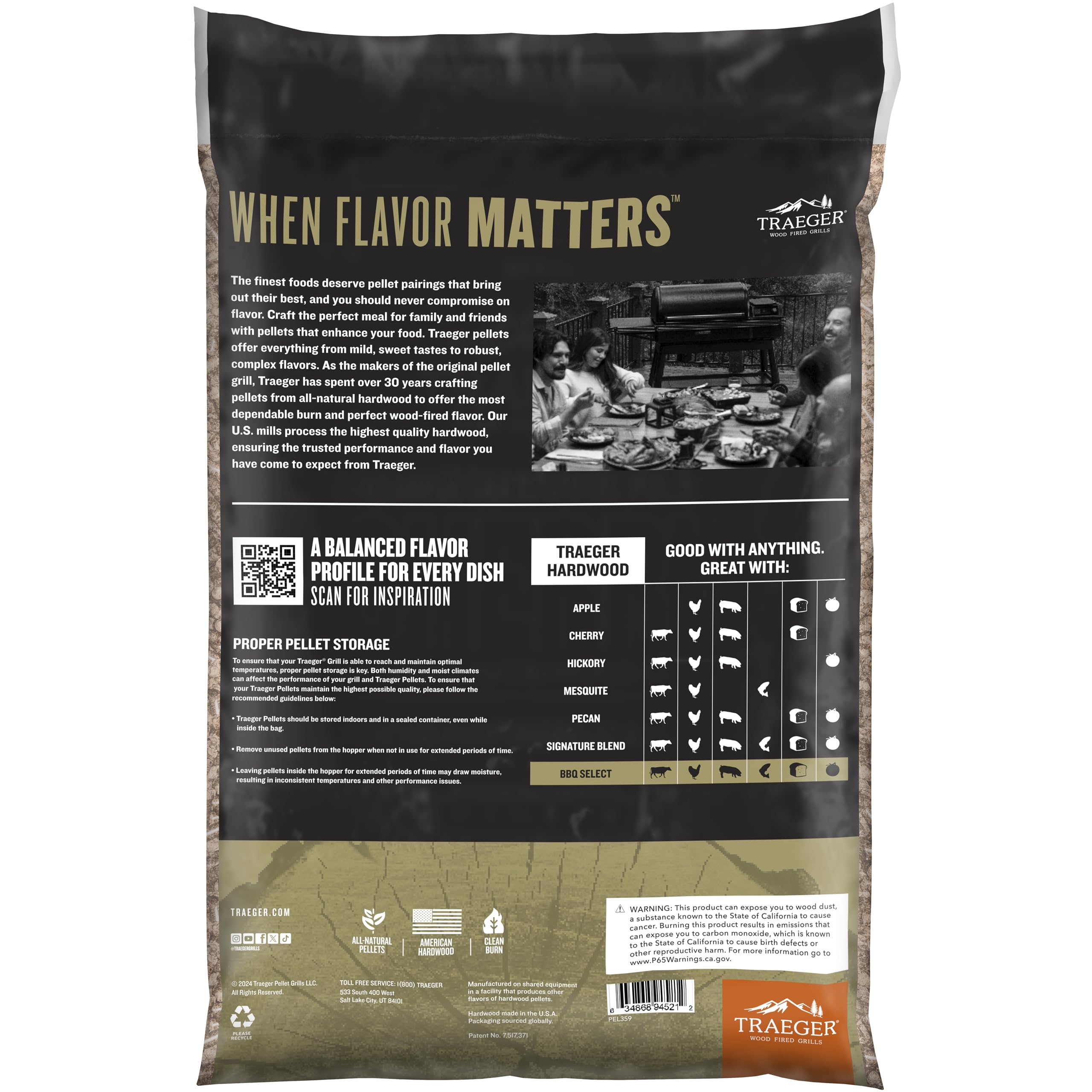 Traeger pellets made in USA, all-natural hardwood for premium burn