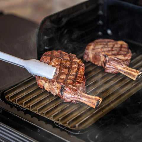 Traeger ModiFIRE sear grate reversible for flat searing versatility.