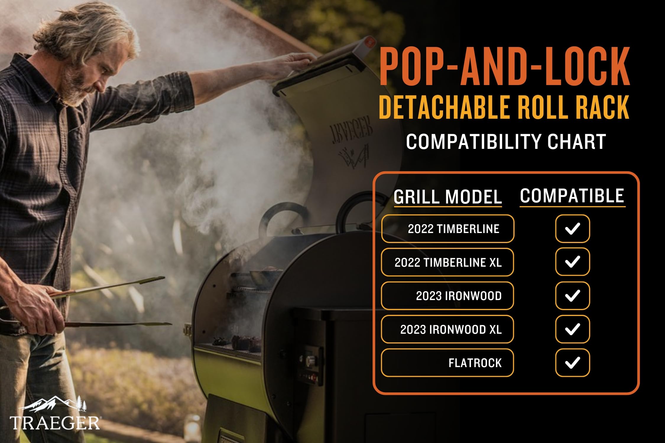 Traeger PAL Roll Rack on a compatible grill rail keeps essentials handy