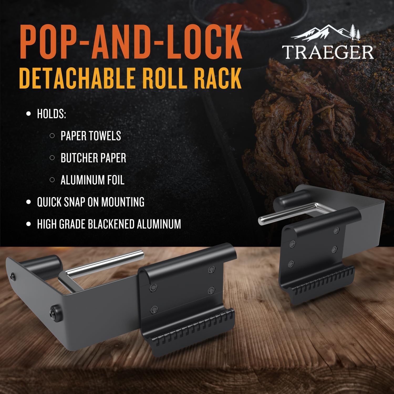 Traeger PAL Roll Rack attached to PAL rail with quick snap-on feature