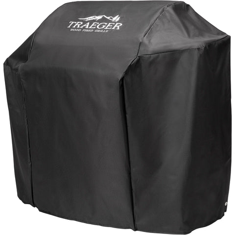 Traeger Silverton 620 weatherproof cover close-up shows rugged all-weather protection