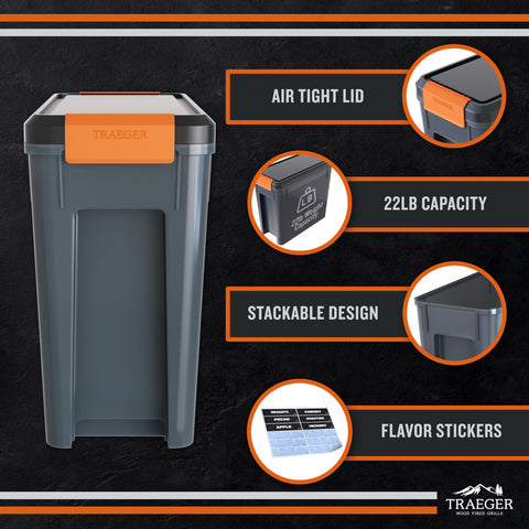 Traeger StayDry bin labeled 22lb capacity holding a full bag of pellets.