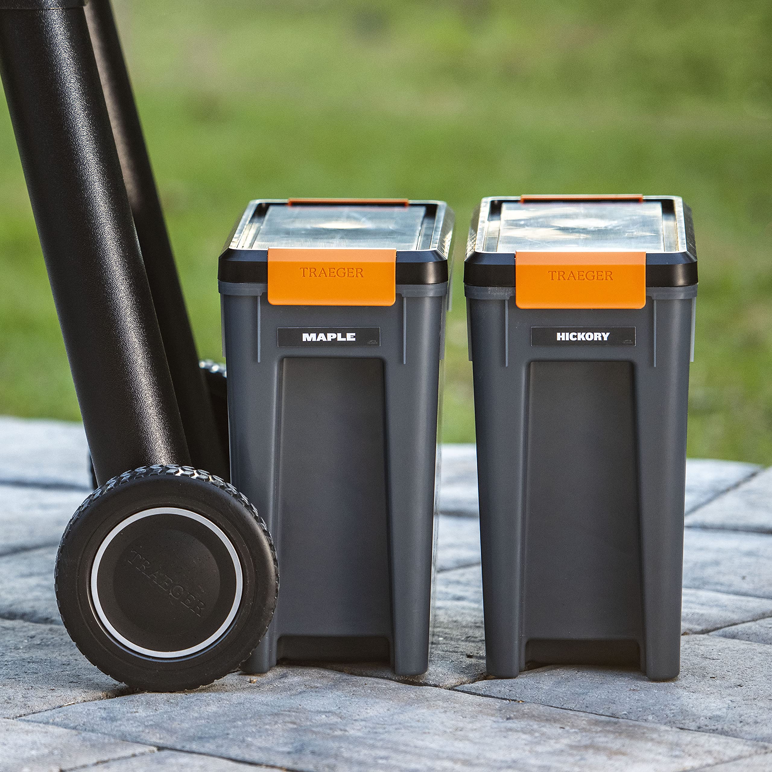 Side view of Traeger StayDry pellet bin in a compact outdoor setup.