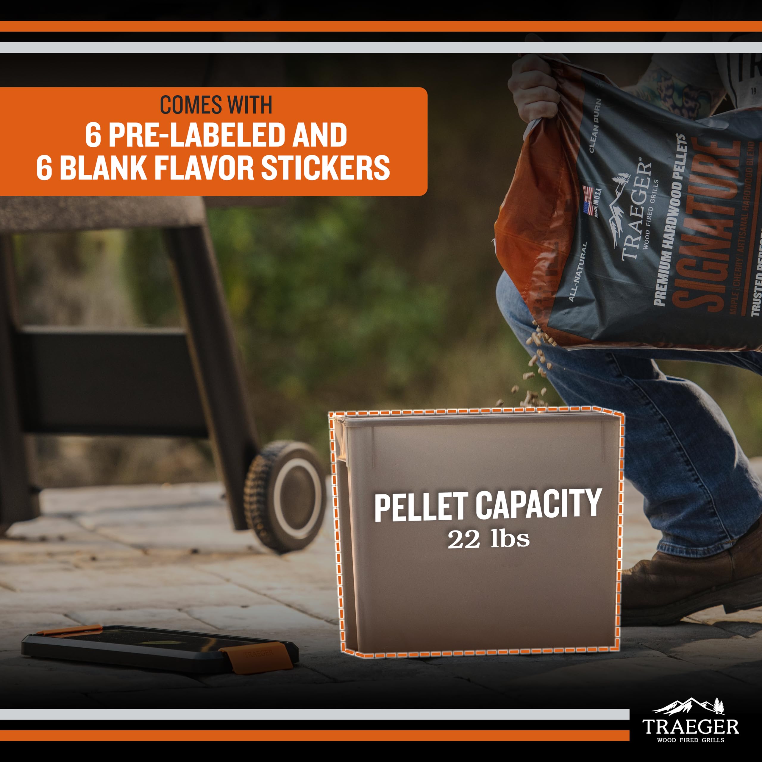 Stackable Traeger StayDry bins saving space in an outdoor grilling area.