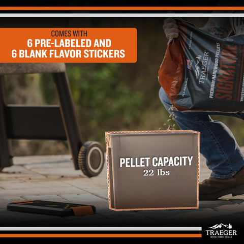 Stackable Traeger StayDry bins saving space in an outdoor grilling area.