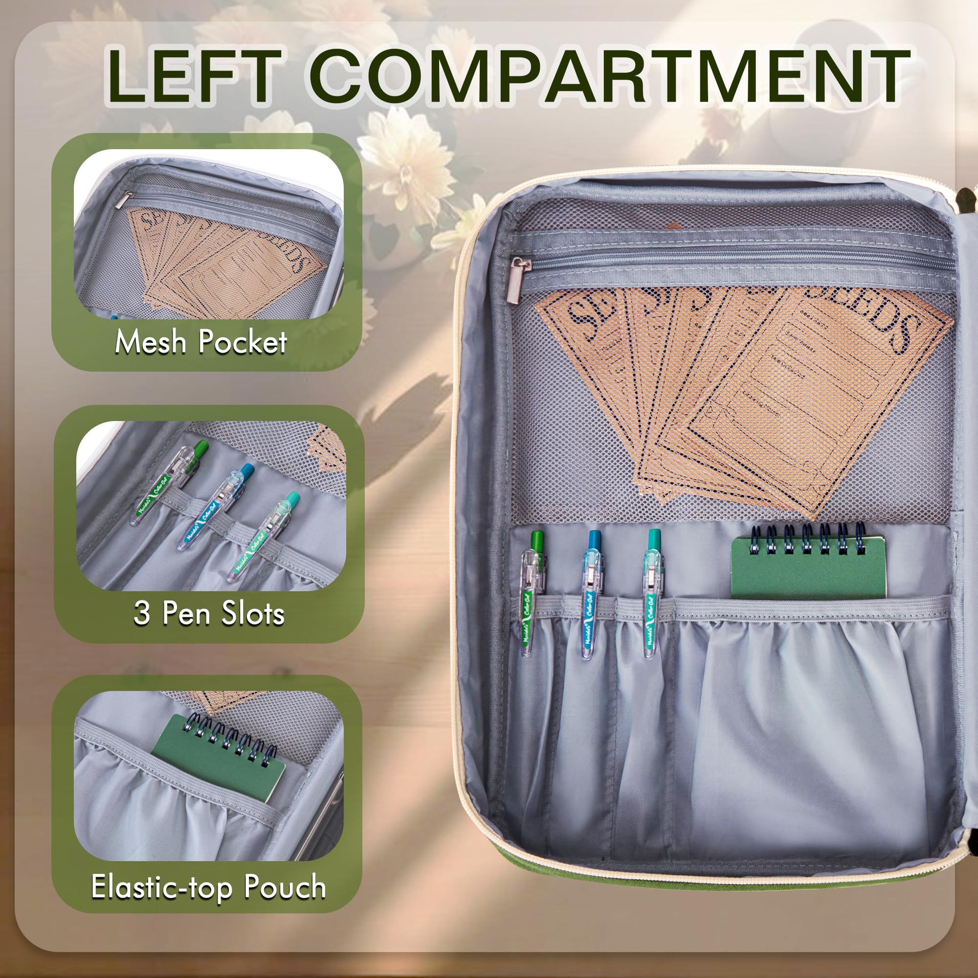 Trahzia binder main compartment with zipper provides secure, dust-free storage on the go.