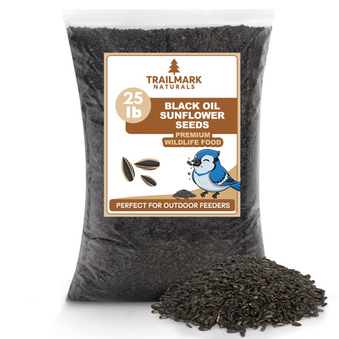 Trailmark Naturals black oil sunflower seeds at feeder for versatile backyard feeding