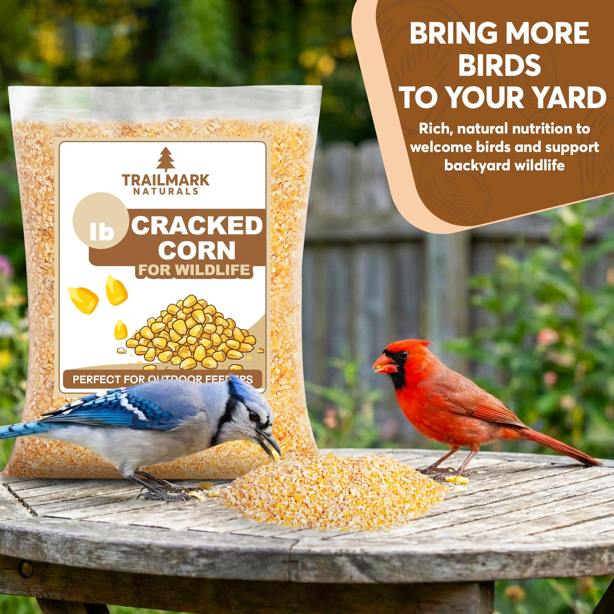 TRAILMARK Naturals cracked corn at outdoor feeder attracting cardinals.