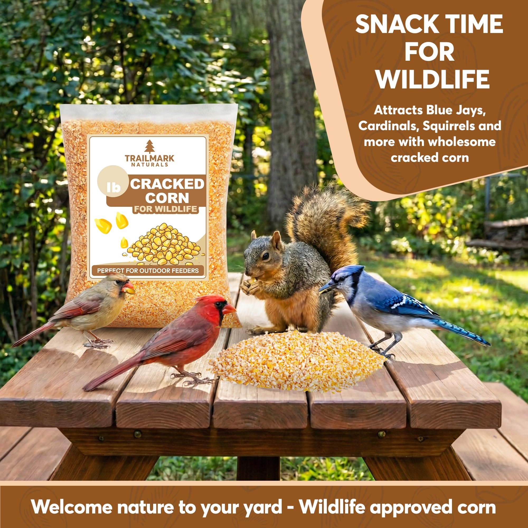 TRAILMARK Naturals cracked corn snack for squirrels in the yard.