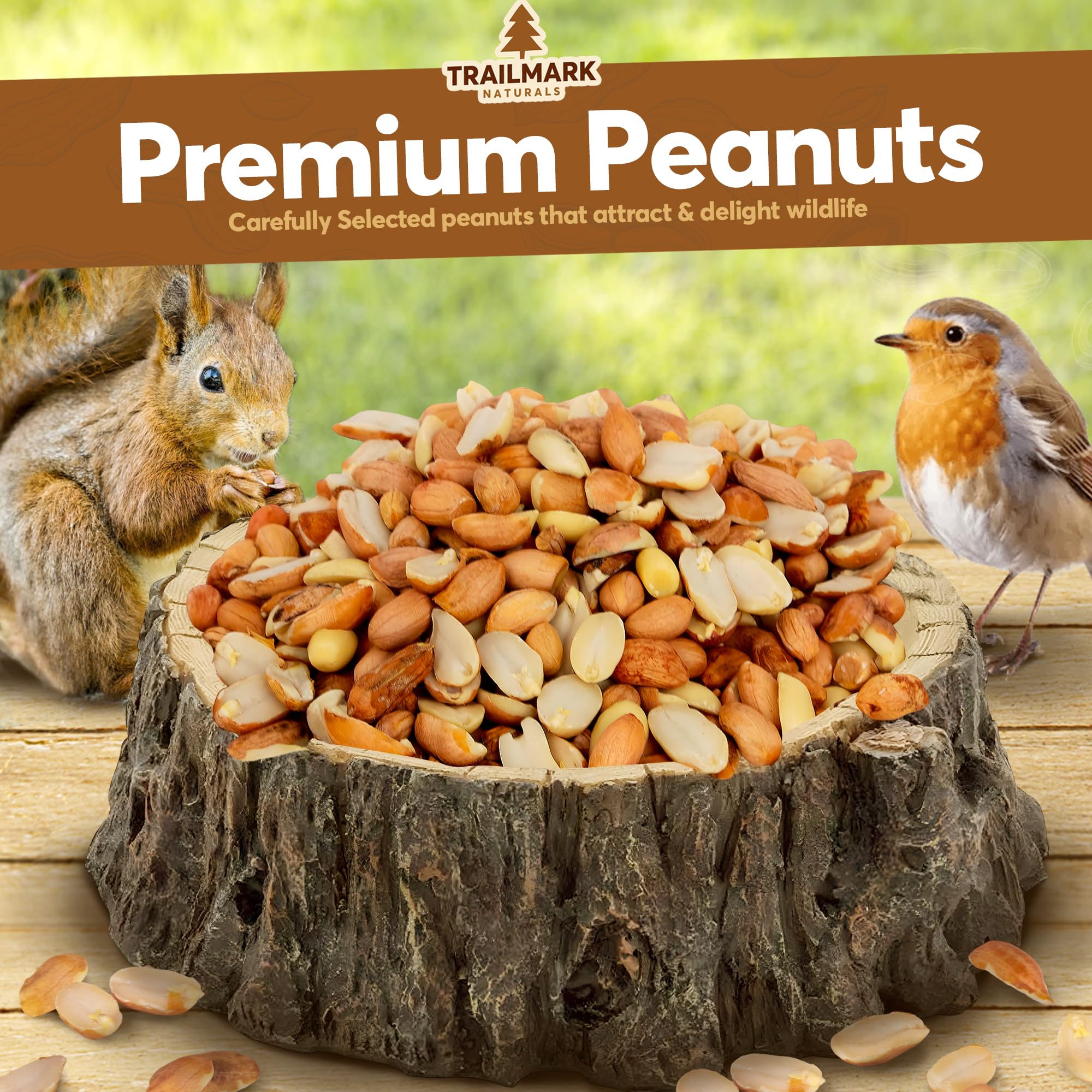 Trailmark Naturals out-of-shell peanuts attract wild birds like blue jays and woodpeckers.