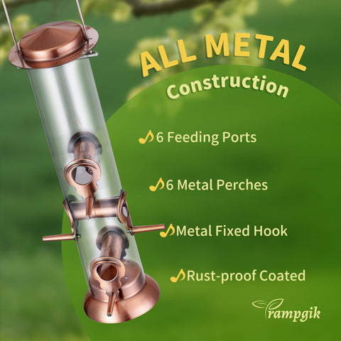 TrampgiK copper-tone feeder adds rustic charm to garden.