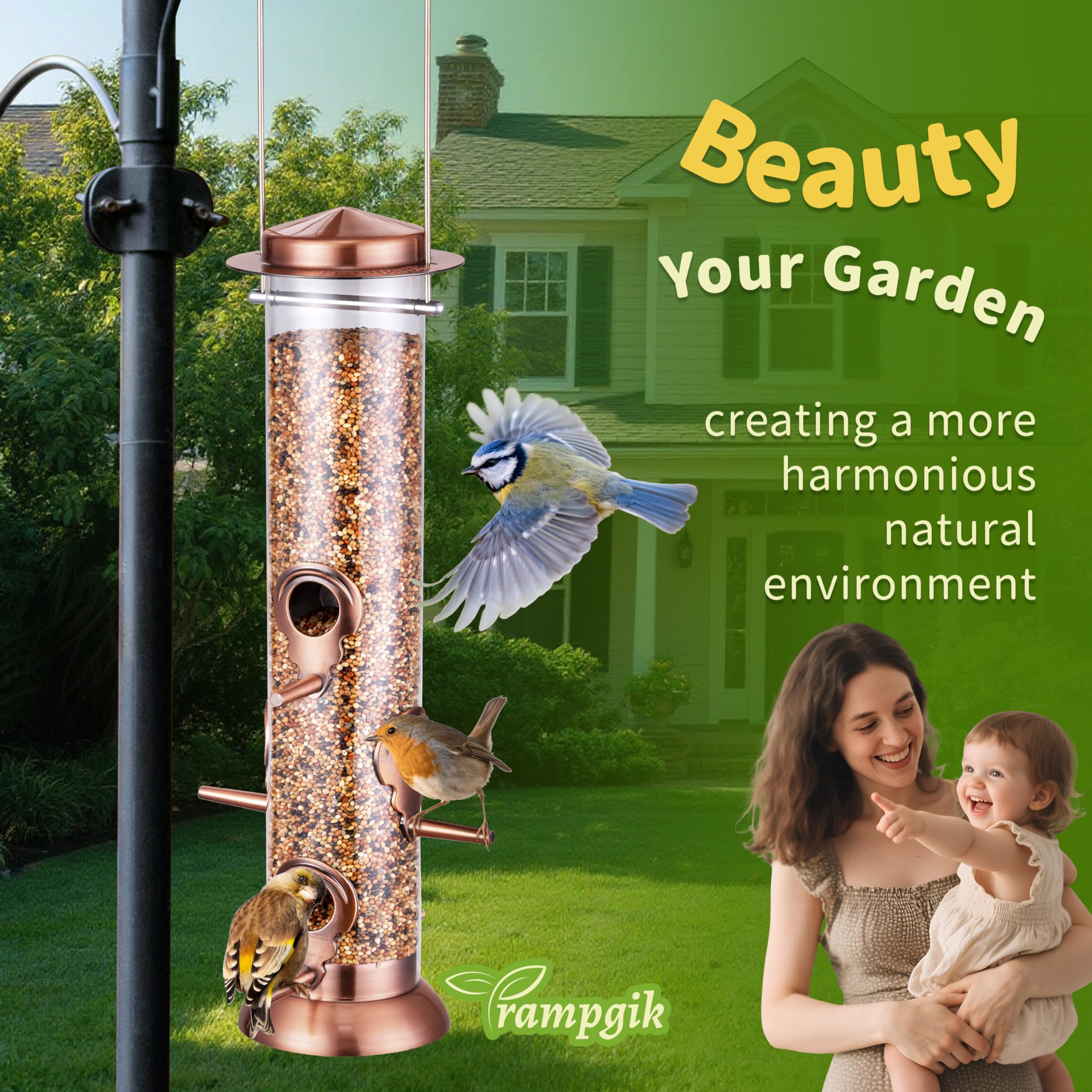 TrampgiK small-bird friendly feeder attracts chickadees and finches.